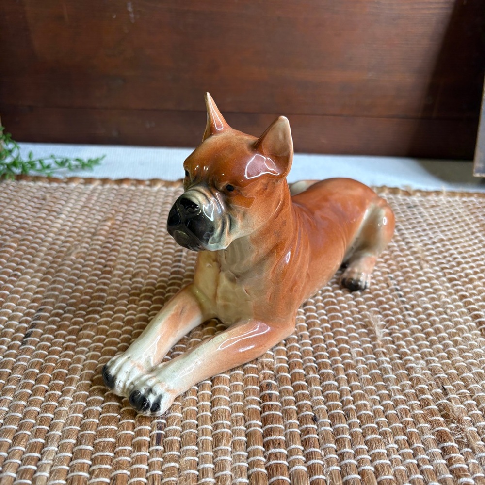 Vintage ENESCO Boxer Dog Painted Ceramic Figurine in Sitting Position